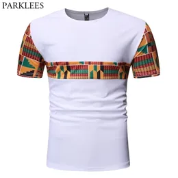 Geometric Patchwork White Dashiki T-shirt Men Short Sleeve Slim Fit Mens African Clothes Hip Hop Hipster Africaine Tshirt Homme 210522