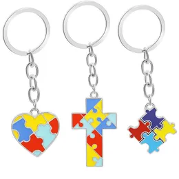 Barn Pussel Jewlery Creative Heart Cross Jigsaw Keychain KeyRing för män Kids G1019