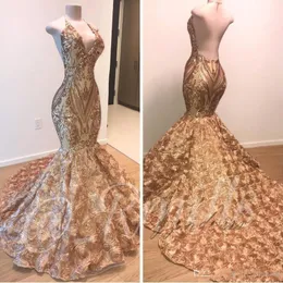 Elegant 2021 afrikansk guld prom klänningar sjöjungfru halter v nacke 3d blommor ärmlös kväll klänning långa arabiska Dubai festklänningar