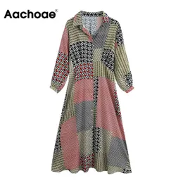 Aachoae Kadınlar Chic Patchwork Baskılı Gömlek Elbise Vintage Üç Çeyrek Kollu Bölünmüş Elbiseler Açılır Yaka Ofis Midi Elbise 210413
