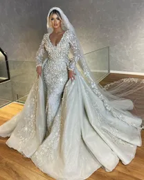 2022 Plus Size Arabic Aso Ebi Luxurious Sparkly Mermaid Wedding Dresses Pearls Lace Long Sleeves Bridal Gowns Dress ZJ440