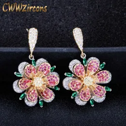 Orecchini pendenti con fiori in argento 925 di marca di lusso con design geometrico 3D rosa rossa e verde smeraldo per le donne CZ445 210714