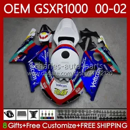 Injektionsformkroppar för SUZUKI GSXR-1000 GSX R1000 GSXR 1000 CC 01-02 Bodywork 62No.0 1000cc GSXR1000 K2 00 01 02 GSX-R1000 2001 2002 2002 OEM Fairing Kit Glänsande blå