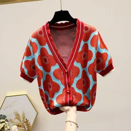 Kobiety kobiet w dużych rozmiarach Summer Podstawowy cienki sweter luźny vintage z krótkim rękawem v szyja nadruk kint T-shirt 210604