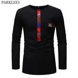 Dashiki Patchwork Black T Shirt Męskie Marka Slim Fit Długim Rękawem T-shirt Mężczyzna Hip Hop Hipster Casual Tops Tees Camisetas 210522