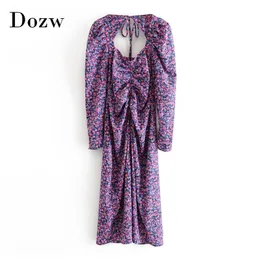 Kobiety Floral Print Long Beach Dress Boho Backless Bodycon Plison Streetwear Sleeve Sexy Party Midi Es Vestidos 210515