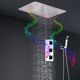 Badrum Musik Dusch System Tak LED Massage Misty Rain Showerhead 3 Funktioner Termostatiska mässing Dolda mixer kranar