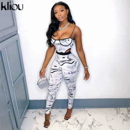 Kliou Zebra Tie Dry Two Piece Set Women Autumn Fashion Bra Bodysuit+High Waist Elastic Leggings Co-ord Sets Female Outfits 211105