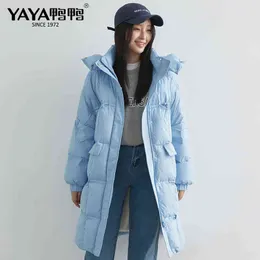 YAYA Winter Women's Long Hooded Down Coat 90% White Duck Down Jacket Thicken Warm Casual Windproof Outerwear 211130