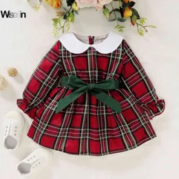 Julkläder Babyflickor Matchande syster Kläder Plaid Långärmad Klänning Bandage Party Klänning Födelsedag Bowknot Princess Dress G1129