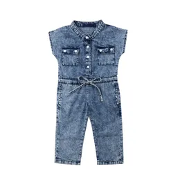 2022 Flicka denim övergripande jeans jumpsuit barn byxor bow ärmlösa mode romper baby kläder 2-6y