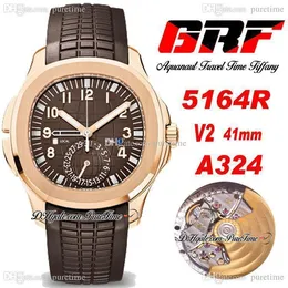 GRF V2 Tempo de viagem 5164R GMT PP324CS A3234 Relógio automático masculino rosa ouro marrom texturizado mostrador número marcador pulseira de borracha wat277q