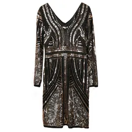 PERHAPS U Elegant Club Party V Neck Black Gold Sequined Bling Long Sleeve Halter Mini Evening Party Dress Autumn Spring D2199 210529