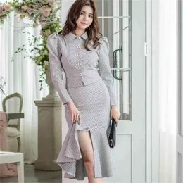 Högkvalitativ Spring Office Blouse Shirt Sashes Bodycon Midi Dot Skirt Två Piece Work Set Split Zipper Suit Dress 210603