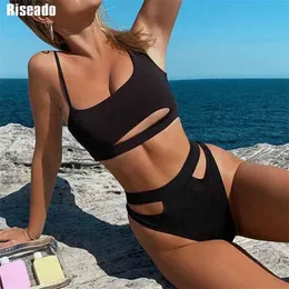 RISEADO SEXY BIKINI SET CUT OUT SWIMWEAR Women High Waist Rem Badkläder Brasiliansk Biquini Black Beach Wear 210621