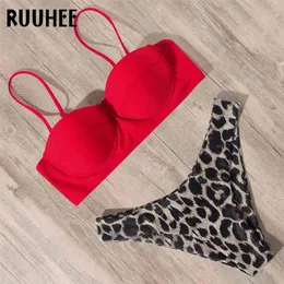Ruuhee leopard bikini badkläder kvinnor baddräkt brasilianska uppsättning push up baddräkt kvinnlig sommar strand bär Biquini 210625