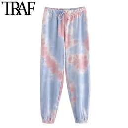 TRAF mujeres Chic moda Tie-dyed Print Jogging pantalones Vintage alta cintura elástica cordón Mujer tobillo pantalones Mujer 210415