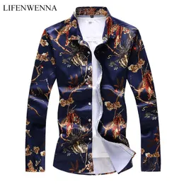 Lifenwenna Fall Mens Daglig gå ut Lyxig skjorta Basic Plus Size Slim Blommor Animal Print Spread Collar Navy Långärmad tröja 210528