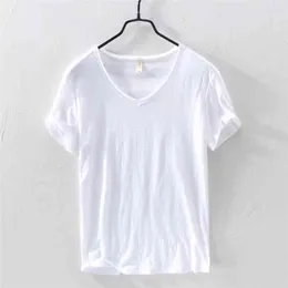 Summer 100% Cotton T-shirt Men V-neck Solid Color Casual T Shirt Basic Tees Plus Size Short Sleeve Tops Y2449 210706