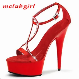 Mclubgirl 15cm Heels Solid Color Classic Buckle Round Head Water Drill Rivet Sexy Nightclub Bag With Crystal Sandals LYP