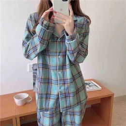 Moda Oversize All Match xadrez Homewear Dois Peça Suit Fato Solto Nightwear Doce Chic Pajamas Casuais Sets 210525
