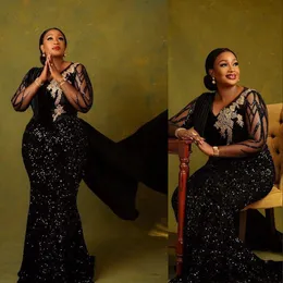 2021 Sexy Plus Size Arabski ASO EBI Black Mermaid Suknie Wieczorowe Głębokie V Neck Długie Rękawy Koronki Cekinowe Sparkly Prom Dress Formal Party Suknie Cekiny Sweep Pociąg