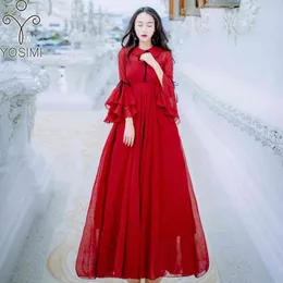 YOSIMI Spring Summer Maxi Red Chiffon Vintage Long Women Dress Ankle-Lenght Ruffles Sleeve Evening Party Female Vestidos 210604