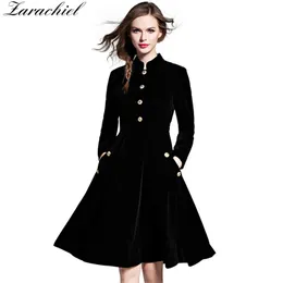 Elegante Vestido de terciopelo negro Invierno Mujer Vestido Vintage manga larga señoras A-Line vestidos Tunique Femme 210416