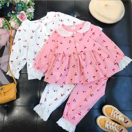 Spring Autumn Girls Lace Cherry Pajama Set Baby Girl Home Service Thin Section Children's Long Sleeve 2pcs Suit 210611