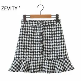 Zevity Kobiety Vintage Houndstooth Drukuj Hem Ruffles Casual Slim Spódnica Faldas Mujer Biuro Lady Breasted Woolen Vestido Qun704 210603