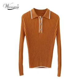 Wczesny jesień Sweter Kobiety pionowe paski Baza cienkie rozkładanie dziewiarskie Collar Collar Lyocell Długi rękaw B-142 210522