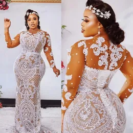 2021 Fashion Plus Size Mermaid Lace Wedding Dresses Sheer Bateau Neck Long Sleeves Beaded Bridal Gowns Sweep Train robe de mariée