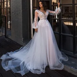 Graceful Wedding Dresses Lace Appliques Long Sleeves Bridal Gowns Floor Length See Through Deep V Neck A Line Vestidos De Novia