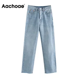 AACHOAE женщины ретро светло-голубой цвет длинные джинсы сырые краевые мешковатые джинсовые брюки леди лететь прямой повседневная мама джинсы панталоны 210413