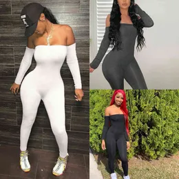 Sexiga kvinnor jumpsuits romper svart långärmad bodysuit av axel elegant casual sportkläder jogging nattklubbkläder