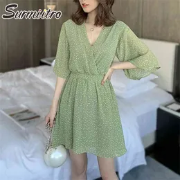 Verão Mini Vestido Mulheres Elegante Estilo Coreano Senhoras Manga Curta Verde Pontos Túnica Praia Sundress Feminino 210421