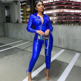 Women's Tracksuits Solid PU Leather Women Two Piece Set Skinny V-neck Long Sleeve Casual Lounge Wear Sexy Clubwear Basic Female Kit Blue1