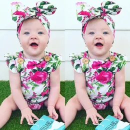 Backless Baby Girls Bodysuits Hairband Newborn Clothes Set Infant Jumpsuit Rose Floral Clothing Shirt Headband Outfits 70-100 210413