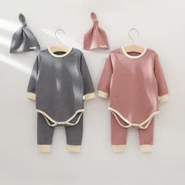 Autumn Baby Boy Girl Clothes Newborn Kids Striped Long Sleeve Romper + Trousers + Hat 3pcs 0-2y Jumpsuit Outfit G1023