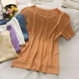 Koreański Wild Casual Stripes Cienka dzianina T-shirt Kobiety Tee Summer O Neck Koszulka Koszulka T Shirt Solid Color Top Tide 210420