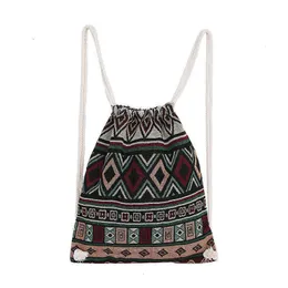 HBP Non-Brand Drawstring heavy knitting double shoulder Bohemian ethnic style geometric bundle pocket knapsack bag back cloth