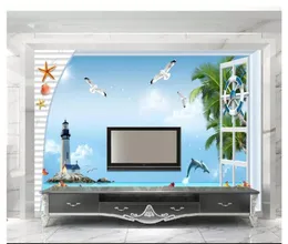 Sfondi Carta da parati personalizzata 3d per pareti 3 D Vento mediterraneo Mare Cielo blu Faro Albero Uccello marino Sfondo muro