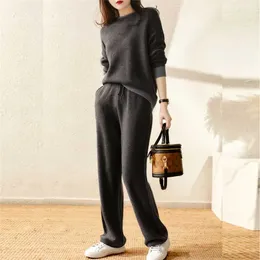 MASTGOU Drawstring Knitted Wide Leg Women Straight Pants Suits Chic O Neck Pullover Sweater Tops 2/Two Piece Tracksuits 211105