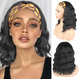 Body Wave Headband Wig Synthetic Shoulder Length Curly Wigs With For African American Women Natural Black 14inch