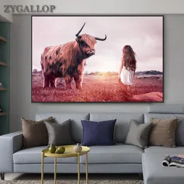 Girl and Cow Print Canvas Painting Wild Animals Wall Art Pictures For Living Room Cuadros Scandinavian Decor Posters and Prints