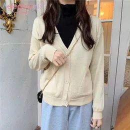 Aelegantmis Slim Button Solid Kvinnor V Nacke Cardigan Sweater Korean Fashion Tun Casual Kvinna Strikkad Jacka Enkel 210607