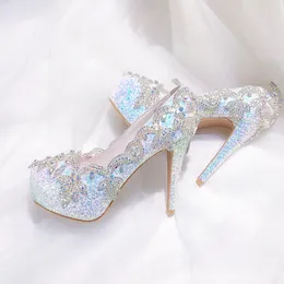 2022 Rhinestone Sequin Bridal Shoes Bridesmaid banquet round head high-heeled women single shoes