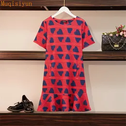 Sommer Rotes Kleid Für Frauen Mode Lose Herzförmigen Druck Oansatz Kurzarm Casual Kleider Weibliche Kleidung 210428