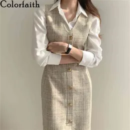 Colorfaith Yeni Bahar Sonbahar Kadın Elbiseler Kolsuz Yüksek Bel Damalı Moda Ofis Bayan Vahşi Uzun Elbise DR1323 210409