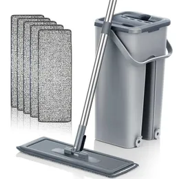 Flat Squeeze Mop och hink Hand Gratis Wanna Floor Cleaning MOP Microfiber MOP Pads Våt eller torr användning på lövträ laminatplattor 211215